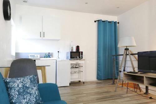 un salon avec un rideau bleu et une cuisine dans l'établissement Nice subplex apartment - 2 people - Metro Mermoz-Parc Parilly, à Bron