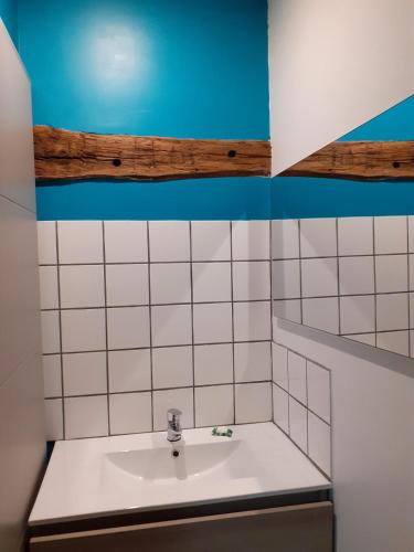 La salle de bains est pourvue d'un lavabo et de carrelage bleu et blanc. dans l'établissement L'Alcôve, maison d'artistes, à Sacquenay