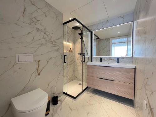 une salle de bain avec une douche, des toilettes et un lavabo dans l'établissement 3 Rooms wifi parking center, à Cannes