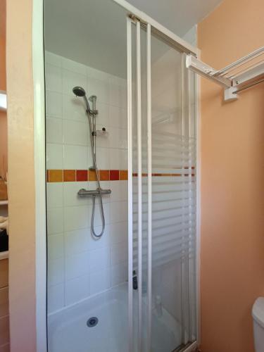 une douche avec une porte vitrée dans une salle de bain dans l'établissement La villa des pins, à Le Poët-Laval