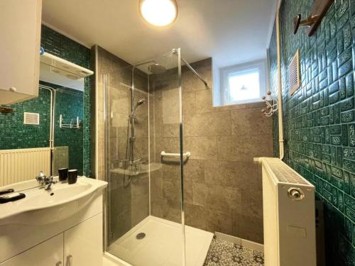 une salle de bain avec une douche en verre et un lavabo dans l'établissement Charmant appartement à Le Val-d'Ajol avec terrasse, à Le Val-dʼAjol