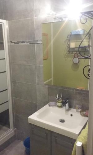 une salle de bain avec un lavabo, un miroir et une douche dans l'établissement Appt F2 à 200m du lac situé plein sud -vue lac, à Gérardmer