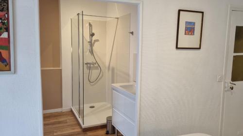 une salle de bain avec douche et lavabo dans l'établissement Les Toits de Collioure, à Collioure