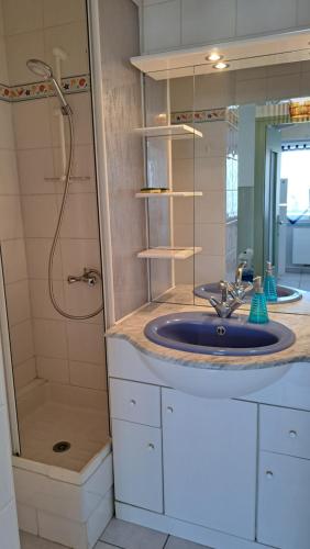 une salle de bain avec un lavabo et une douche dans l'établissement AIGUE MARINE - Appartement Vue Mer 1 chambre, à Saint-Jean-de-Monts
