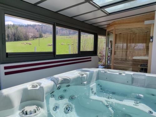 - une baignoire dans une chambre avec vue sur un champ dans l'établissement Gite La grange de Louis SPA et SAUNA, à Araules
