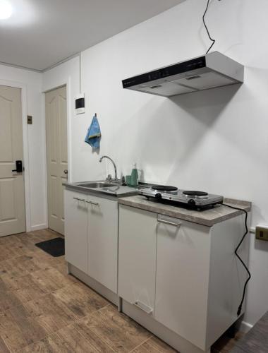 a kitchen with a sink and a stove at Departamento Mackay in Coihaique