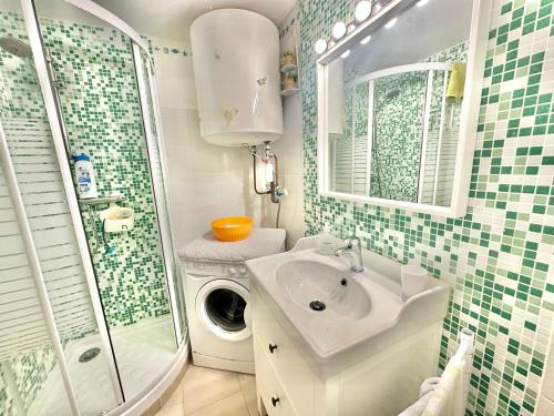 une salle de bain avec une machine à laver et un lavabo dans l'établissement Mini-villa accès plage de Pinarello à pieds, à Pinarellu