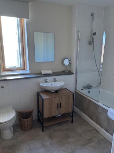 a bathroom with a sink and a shower and a toilet at Quirky and spacious in Lawley Bank