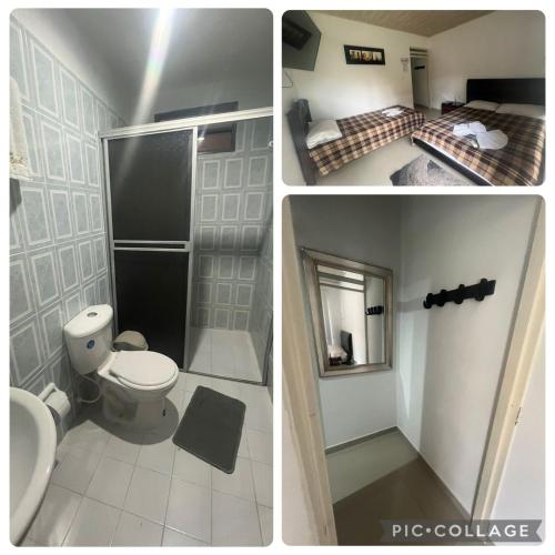two pictures of a bathroom with a toilet and a shower at HOTEL CAMPESTRE VILLA BETEL in Rivera