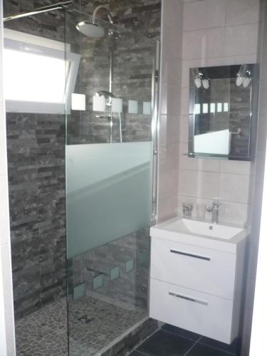 une salle de bain avec un lavabo et une douche en verre dans l'établissement Cambo1, à Cambo-les-Bains