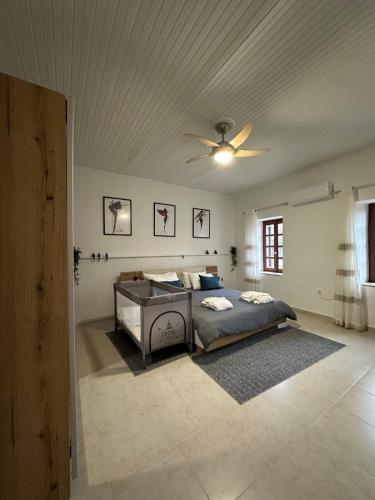 a bedroom with a bed and a ceiling fan at Ma Maison Nafplio in Nafplio