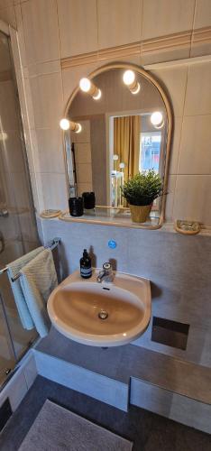 a bathroom with a sink and a mirror at MALA Modern Vienna Flair Apartment Donaustadt in Vienna