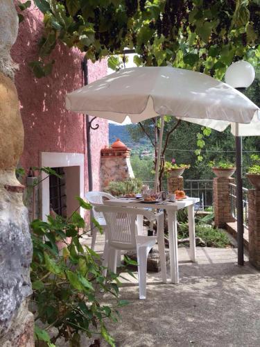 a white table with an umbrella in a garden at B&B IL VECCHIO GELSO in Palinuro