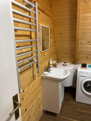 a bathroom with a sink and a washing machine at Sara in Malo Polje
