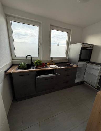 a kitchen with a sink and a refrigerator and two windows at Dachtraum Sahin in Günzburg