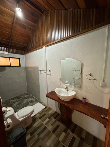 a bathroom with a sink and a toilet and a mirror at Arenal Rústic Lodge in Fortuna