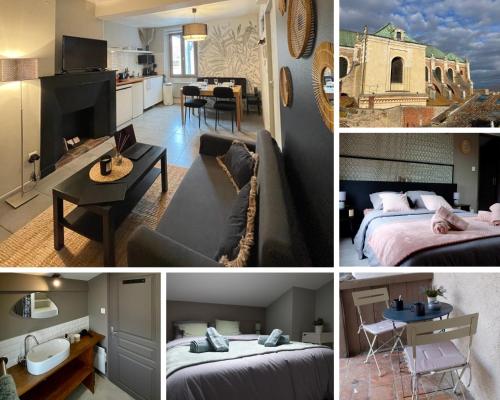 un collage de quatre photos d'une chambre d'hôtel dans l'établissement Charmant T3 cosy au coeur du centre historique, à Montauban