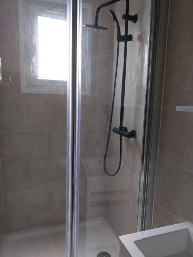 une douche dans une salle de bain avec un lavabo dans l'établissement L olivier, au Mans