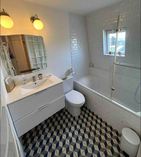 une salle de bain avec un lavabo, des toilettes et une douche dans l'établissement La Dolce Trouvillaise, à Trouville-sur-Mer