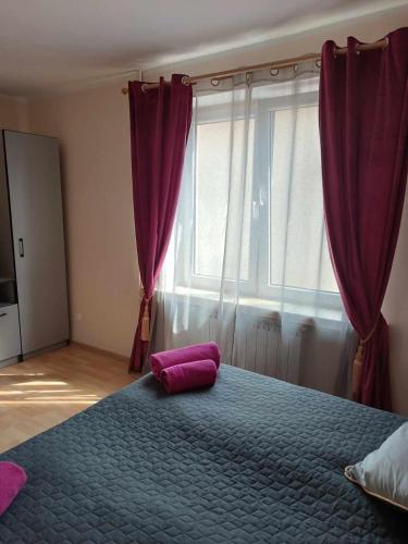 a bedroom with a purple bed and a window at Hostel Texas Queen in Suwałki