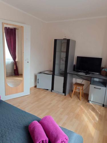 a bedroom with a bed and a desk and a mirror at Hostel Texas Queen in Suwałki