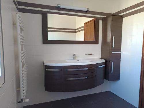 une salle de bain avec un lavabo et un miroir dans l'établissement Appartement T4 à l'étage d'une villa avec piscine et jardin, à Grasse