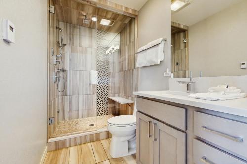 a bathroom with a shower and a toilet and a sink at Mountain Jewel in Crested Butte