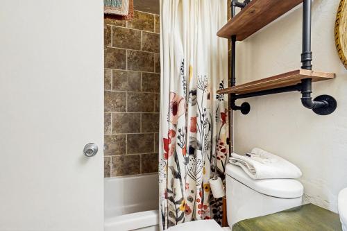 a bathroom with a toilet and a shower at Winter Park Meadows Lodge in Fraser