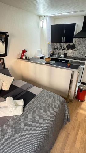 une chambre avec deux lits et une cuisine dans l'établissement Comfortable Studio à proximité de porte Versaille , Paris, à Vanves