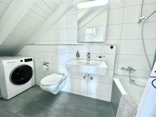 un bagno con un lavandino del water e una lavatrice di Loft apartment in a central location a Winterthur