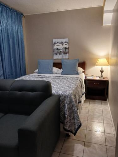 a bedroom with a bed with blue pillows and a couch at Ultimate Freedom Bed and Breakfast in Santa Cruz
