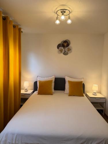 - une chambre avec un grand lit et 2 oreillers jaunes dans l'établissement Sion City Mulhouse centre - parking et balcon-wifi 5G gratuit, à Mulhouse
