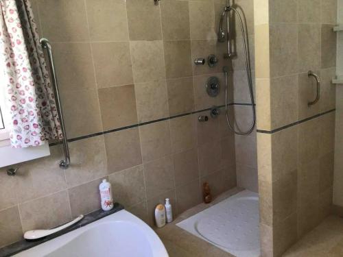 une salle de bain avec une douche avec un lavabo et une baignoire dans l'établissement Villa accueillante avec piscine à Seillans, à Seillans