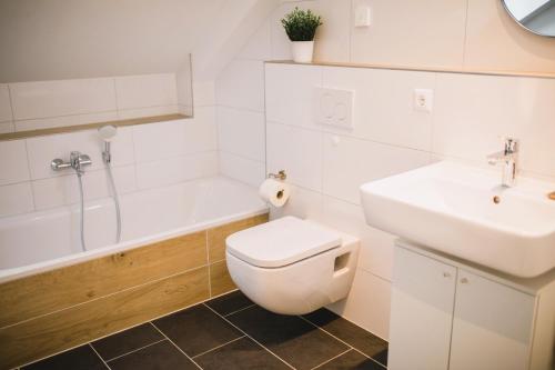 a bathroom with a toilet and a sink and a tub at HUGOS Design House am Waldrand - ruhig & modern in Bensheim