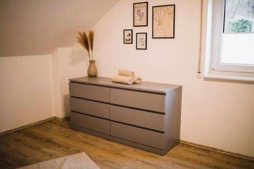 a chest of drawers in a room with a window at HUGOS Design House am Waldrand - ruhig & modern in Bensheim