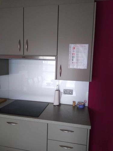 a kitchen with white cabinets and a counter top at De Lekkermond in Diksmuide