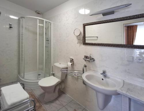 a bathroom with a sink and a toilet and a shower at Villa Patriot Apartmány in Mariánské Lázně