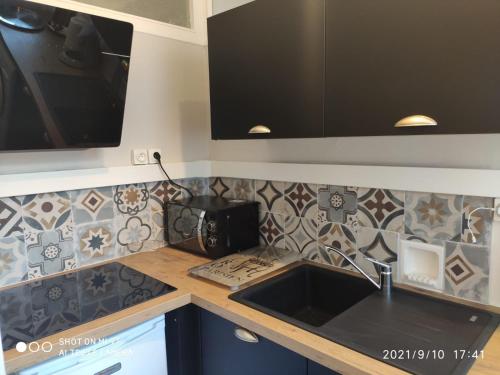 a kitchen counter with a sink and a microwave at Du Guesclin Appart in Saint-Brieuc