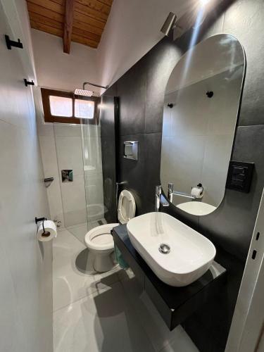 a bathroom with a sink and a toilet and a mirror at Amplio departamento monoambiente a metros del parque general San Martín in Mendoza