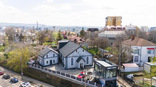 an aerial view of a city with houses and cars at Grey Boutique Hotel Palas in Iaşi