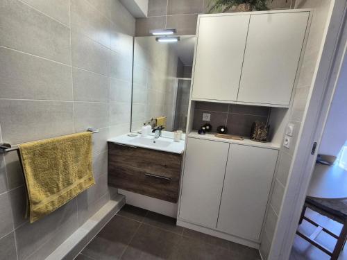 une salle de bain avec un lavabo et un miroir dans l'établissement Résidence Les Jardins Du Petit Port - Chic et Cosy pour ce beau 2 pièces ! MAE-6851, à Aix-les-Bains