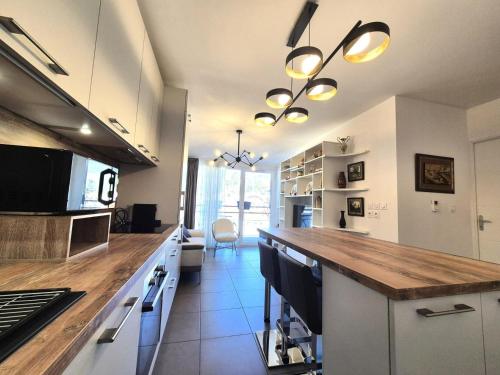 - une cuisine avec un comptoir dans une pièce dans l'établissement Résidence Les Jardins Du Petit Port - Chic et Cosy pour ce beau 2 pièces ! MAE-6851, à Aix-les-Bains