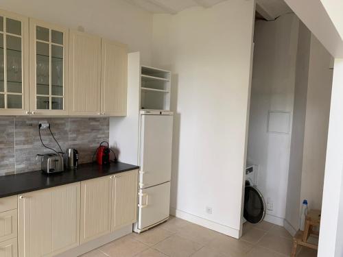 a kitchen with white cabinets and a refrigerator at Gite tout confort - Vexin - Val d'Oise in Frémainville