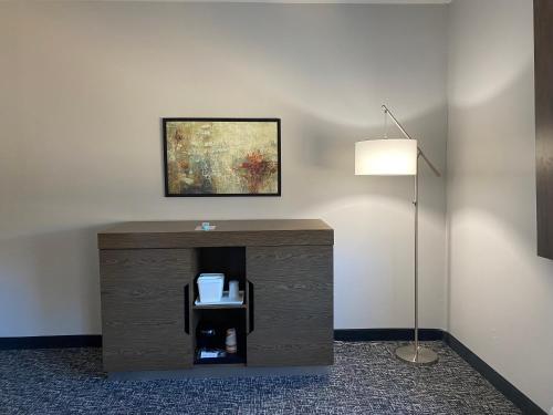 a dresser in a room with a lamp and a painting at Comfort Inn & Suites Near Lake Guntersville in Scottsboro