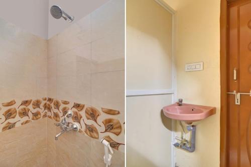 a bathroom with a sink and a shower at Hotel O RBS Square Langer Houz in Hyderabad