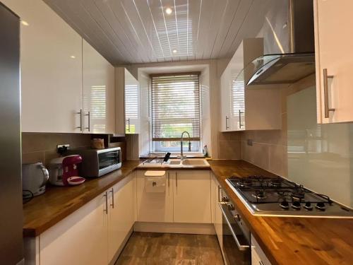 a kitchen with white cabinets and a stove top oven at Lovely two bedrooms in Edinburgh