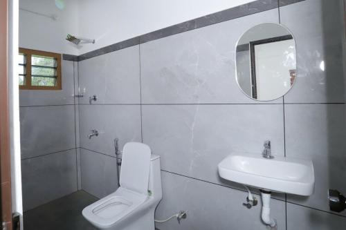 a bathroom with a toilet and a sink and a mirror at bethel apartments teekoy in Erāttupetta