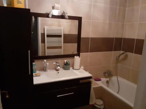 une salle de bain avec un lavabo, un miroir et une baignoire dans l'établissement Villa avec piscine côté mer, à Palavas-les-Flots