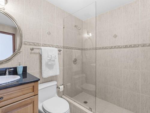 a bathroom with a shower and a toilet and a sink at Crystal Waters Condo in Lowlands