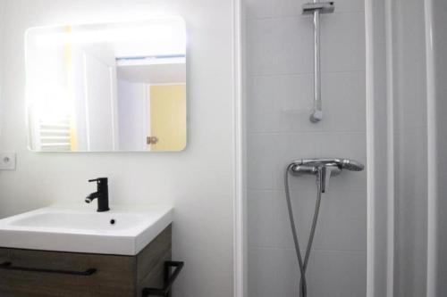 une salle de bain avec un lavabo et une douche avec un miroir dans l'établissement Appartement T2 - RDC à 300M des thermes - La villa blanche, à Le Mont-Dore